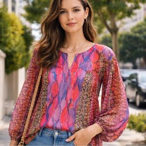Blank NYC Boho Multicolor Print Peasant Blouse Balloon Sleeve Sheer Viscose Top